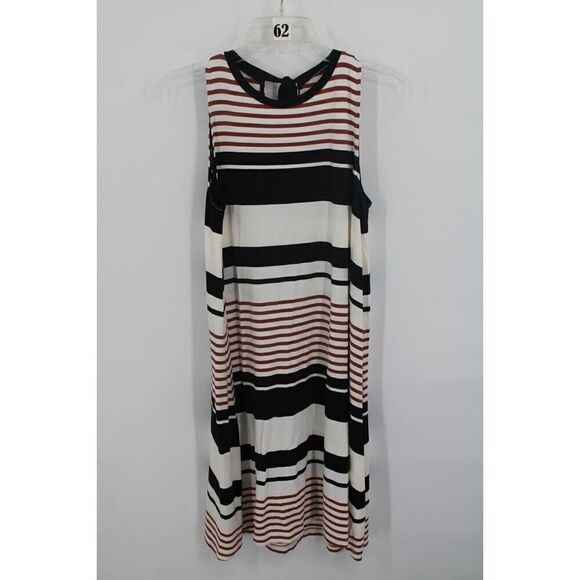 Loft Sleeveless Swing Dress Black Brown Ivory Striped Tie Back Small $70 NWT - Picture 1 of 8